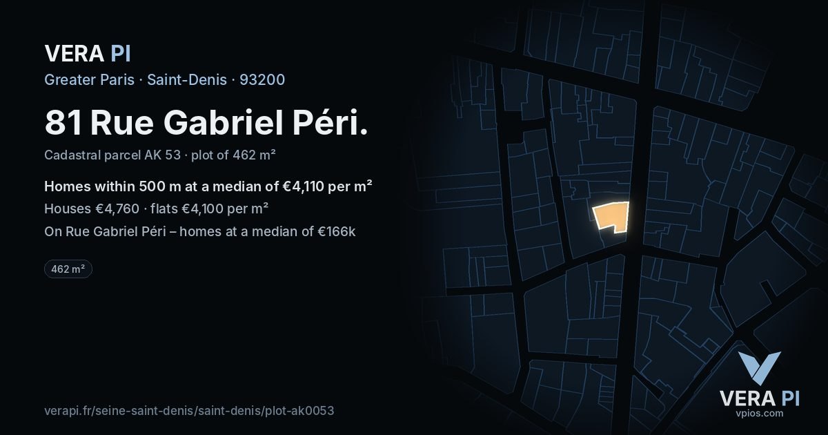81 Rue Gabriel Péri, Saint-Denis at night – the plot lit, the parcels around coloured by the prices near them