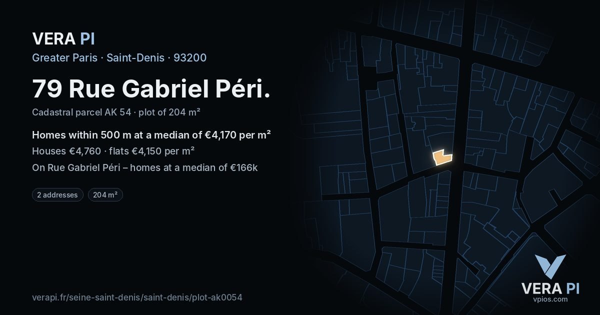 79 Rue Gabriel Péri, Saint-Denis at night – the plot lit, the parcels around coloured by the prices near them