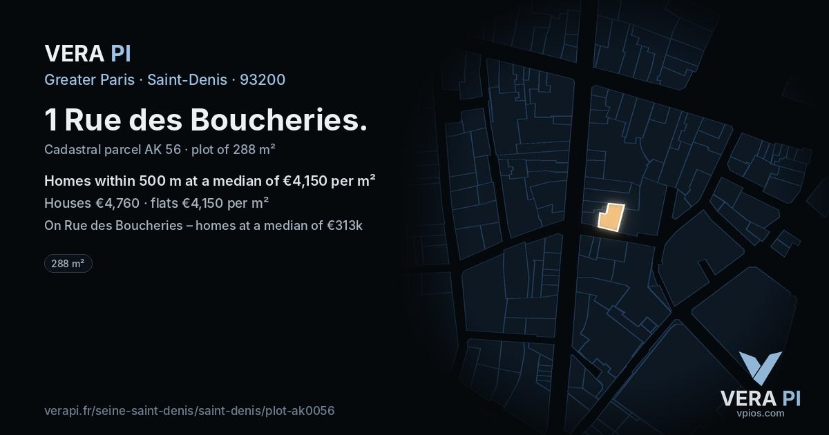 1 Rue des Boucheries, Saint-Denis at night – the plot lit, the parcels around coloured by the prices near them