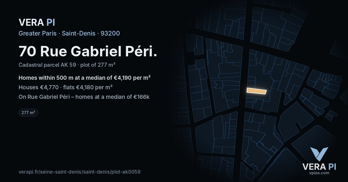 70 Rue Gabriel Péri, Saint-Denis at night – the plot lit, the parcels around coloured by the prices near them