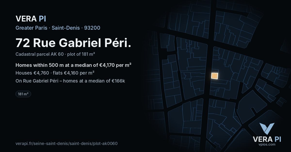72 Rue Gabriel Péri, Saint-Denis at night – the plot lit, the parcels around coloured by the prices near them