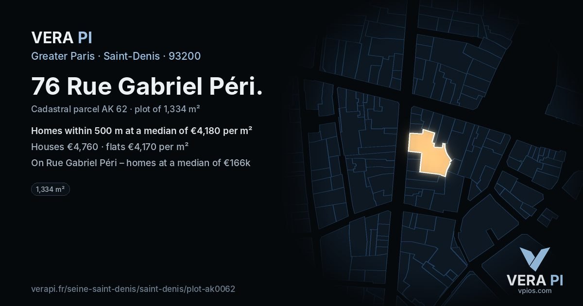 76 Rue Gabriel Péri, Saint-Denis at night – the plot lit, the parcels around coloured by the prices near them