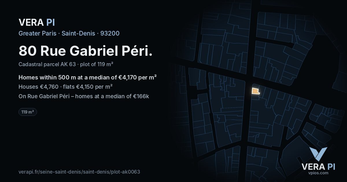 80 Rue Gabriel Péri, Saint-Denis at night – the plot lit, the parcels around coloured by the prices near them