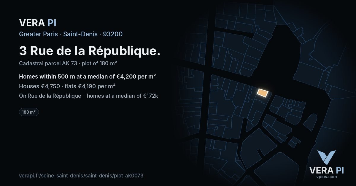 3 Rue de la République, Saint-Denis at night – the plot lit, the parcels around coloured by the prices near them
