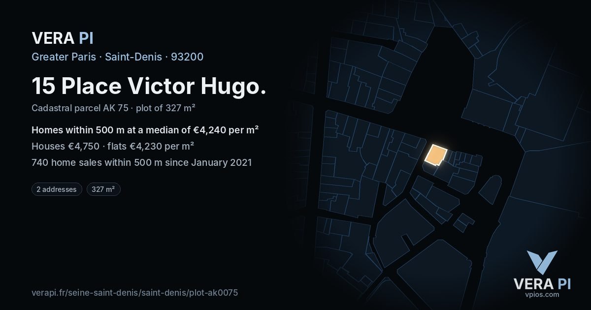 15 Place Victor Hugo, Saint-Denis at night – the plot lit, the parcels around coloured by the prices near them