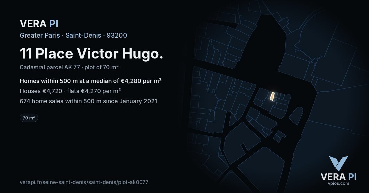 11 Place Victor Hugo, Saint-Denis at night – the plot lit, the parcels around coloured by the prices near them