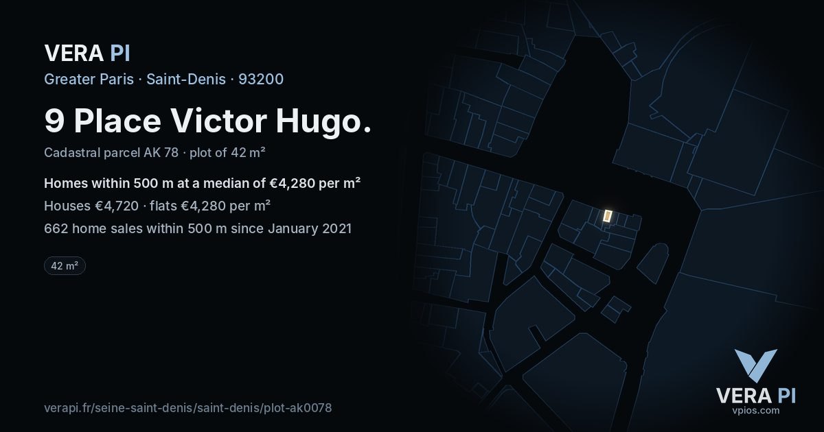 9 Place Victor Hugo, Saint-Denis at night – the plot lit, the parcels around coloured by the prices near them