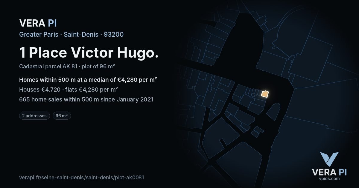 1 Place Victor Hugo, Saint-Denis at night – the plot lit, the parcels around coloured by the prices near them