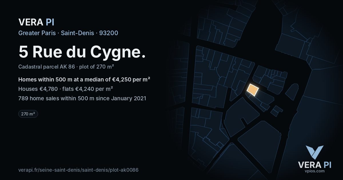 5 Rue du Cygne, Saint-Denis at night – the plot lit, the parcels around coloured by the prices near them