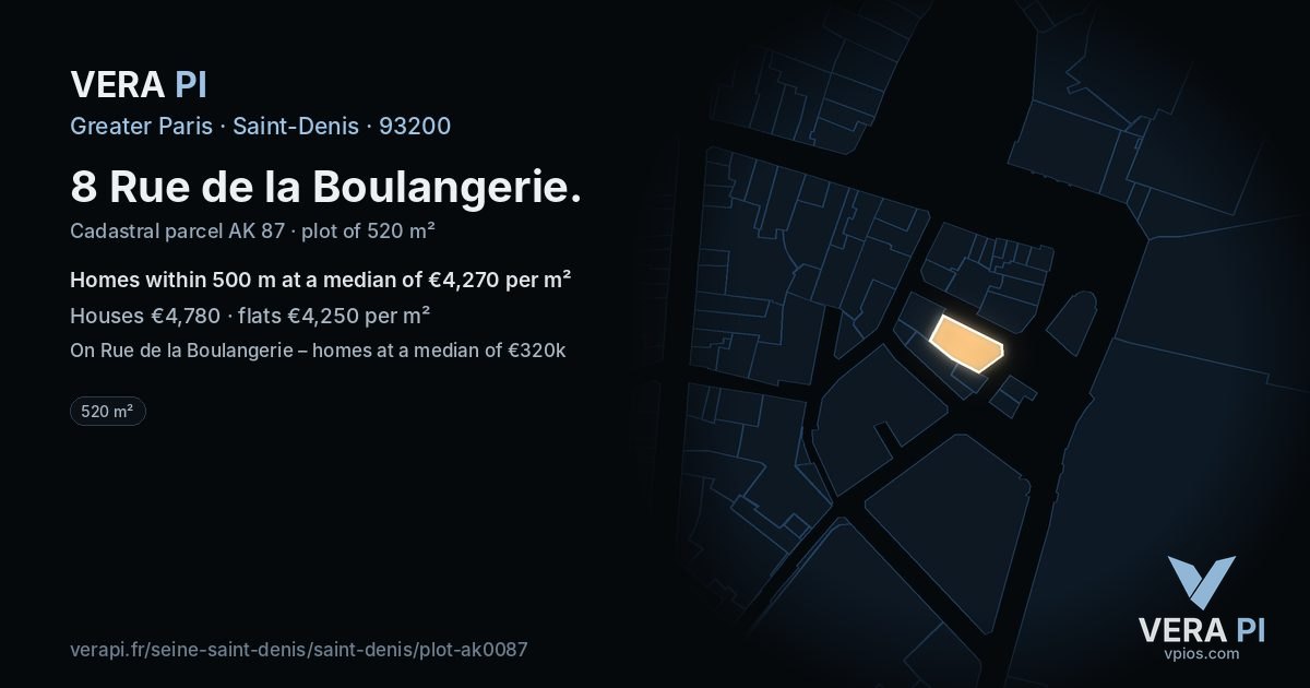 8 Rue de la Boulangerie, Saint-Denis at night – the plot lit, the parcels around coloured by the prices near them