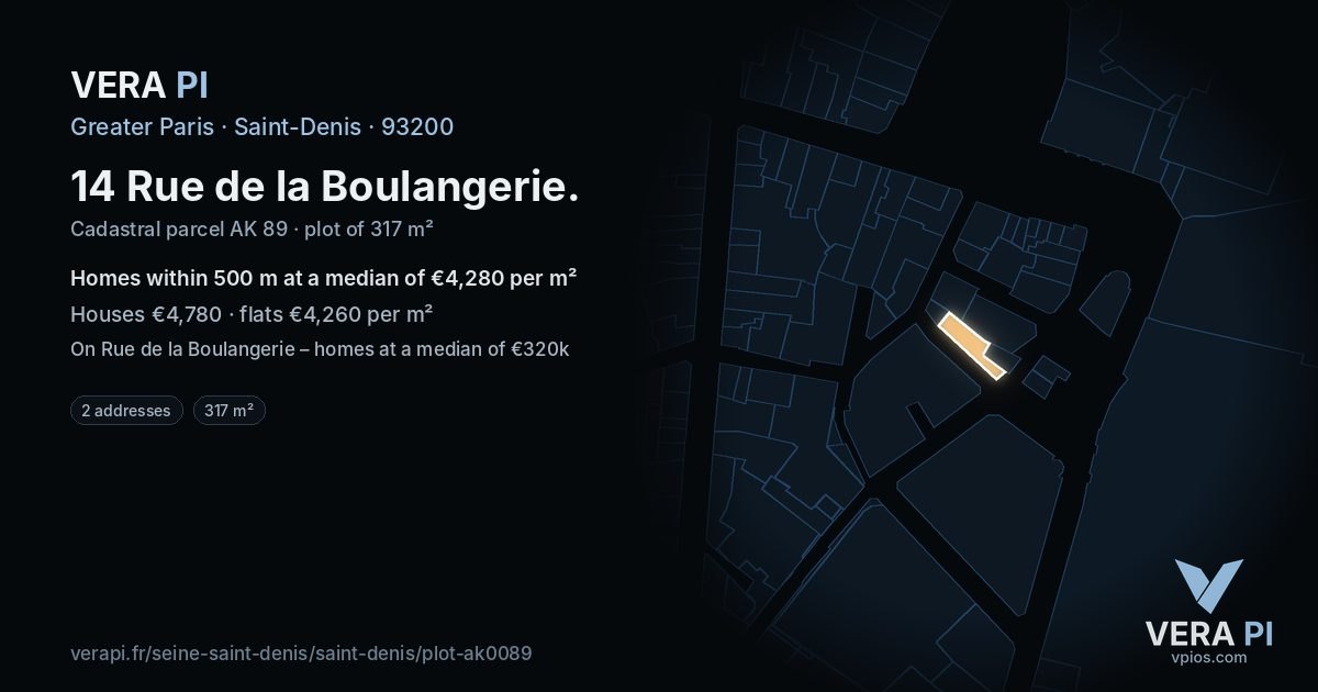14 Rue de la Boulangerie, Saint-Denis at night – the plot lit, the parcels around coloured by the prices near them