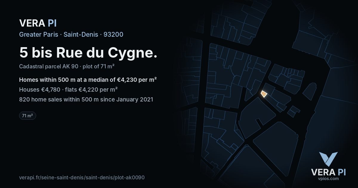 5 bis Rue du Cygne, Saint-Denis at night – the plot lit, the parcels around coloured by the prices near them