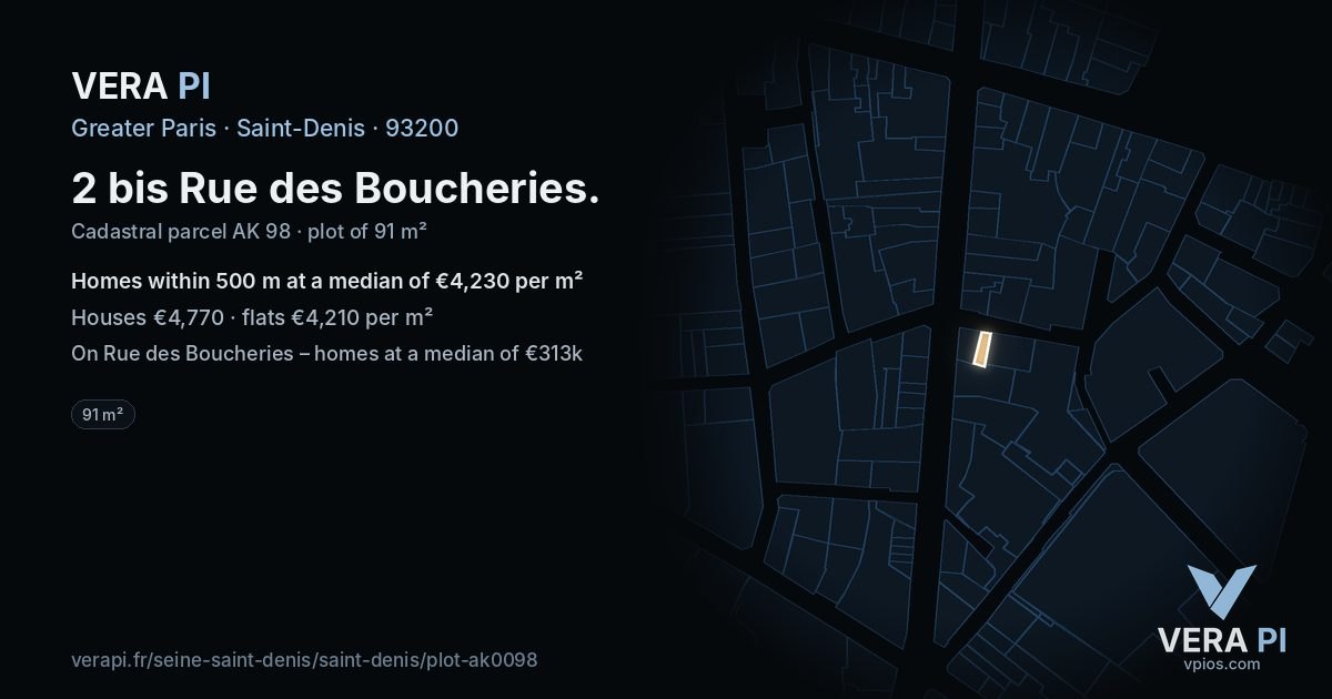 2 bis Rue des Boucheries, Saint-Denis at night – the plot lit, the parcels around coloured by the prices near them