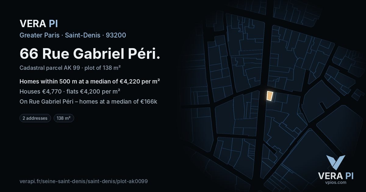 66 Rue Gabriel Péri, Saint-Denis at night – the plot lit, the parcels around coloured by the prices near them