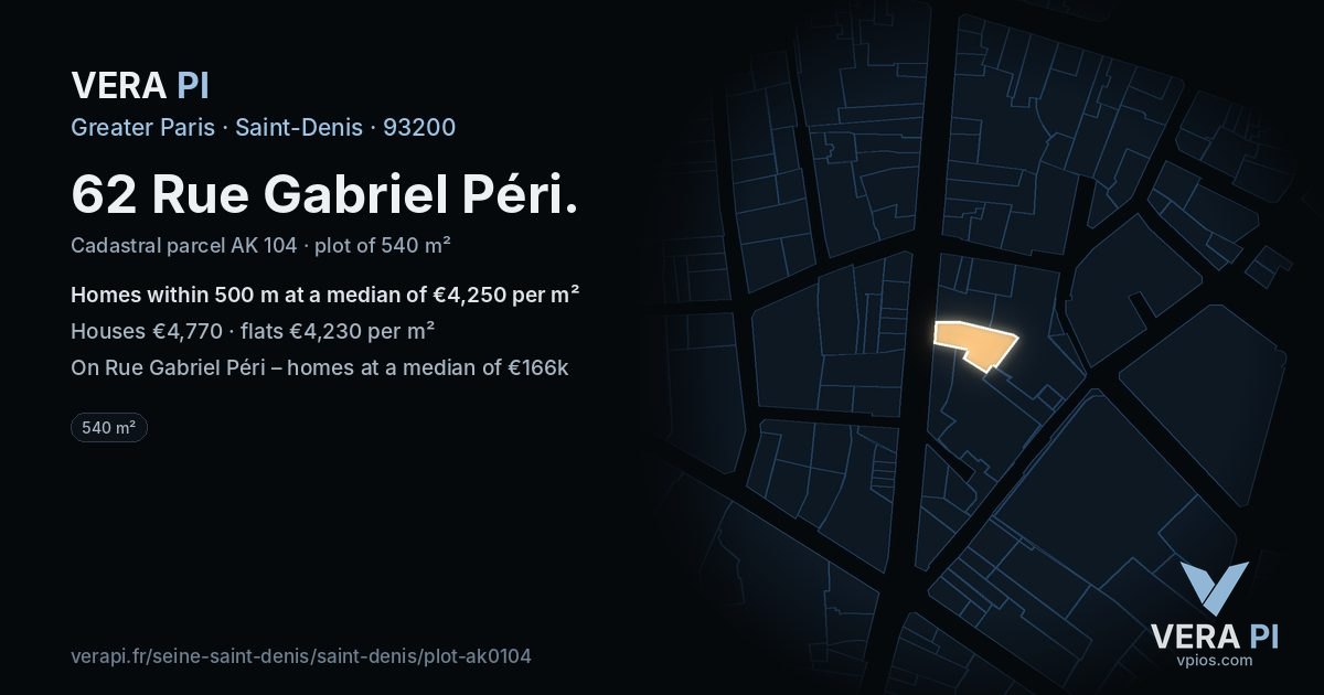 62 Rue Gabriel Péri, Saint-Denis at night – the plot lit, the parcels around coloured by the prices near them