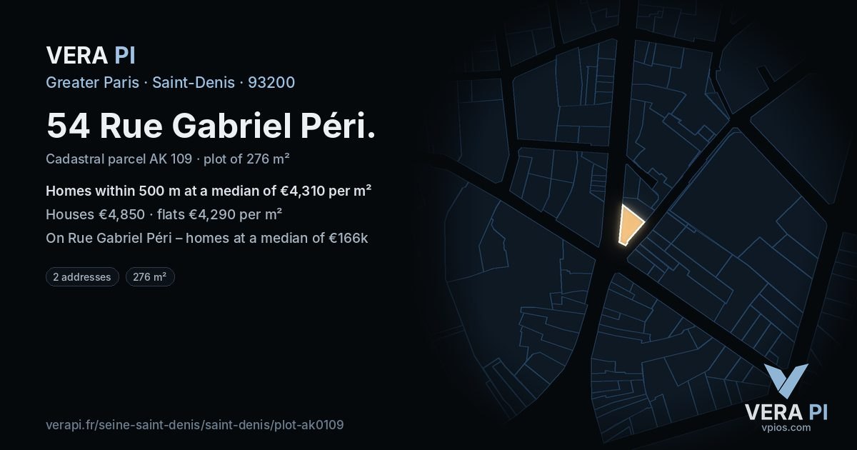 54 Rue Gabriel Péri, Saint-Denis at night – the plot lit, the parcels around coloured by the prices near them