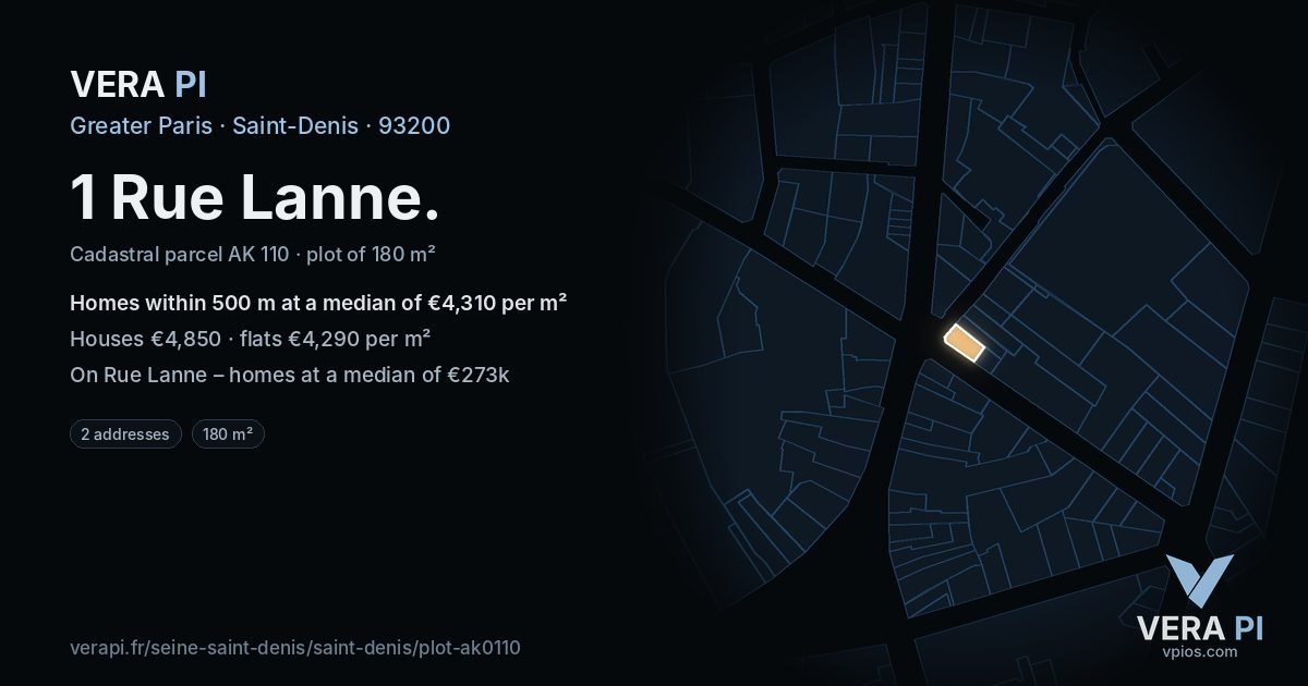 1 Rue Lanne, Saint-Denis at night – the plot lit, the parcels around coloured by the prices near them