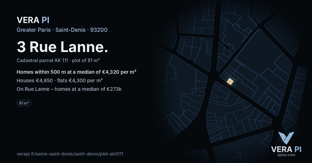 3 Rue Lanne, Saint-Denis at night – the plot lit, the parcels around coloured by the prices near them