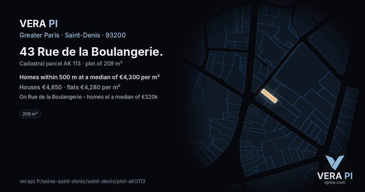 43 Rue de la Boulangerie, Saint-Denis at night – the plot lit, the parcels around coloured by the prices near them