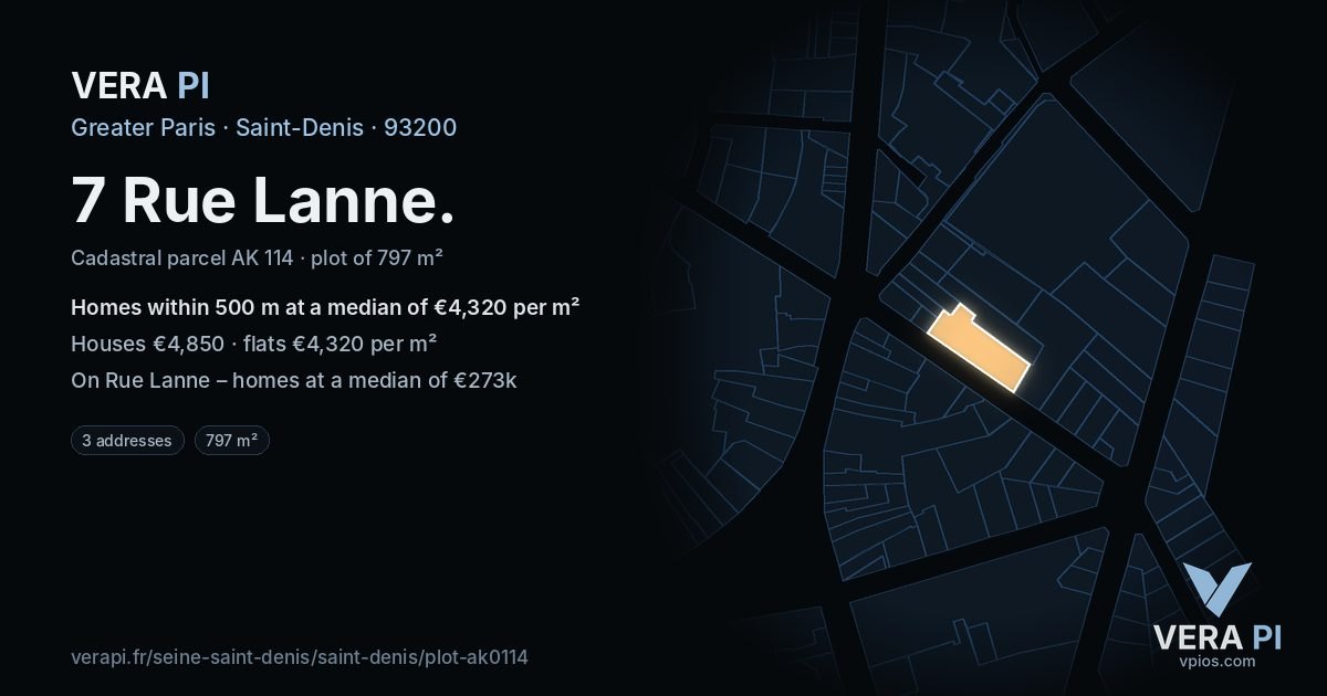 7 Rue Lanne, Saint-Denis at night – the plot lit, the parcels around coloured by the prices near them