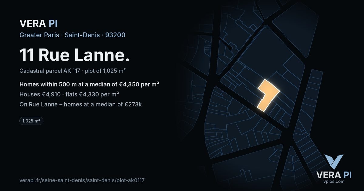 11 Rue Lanne, Saint-Denis at night – the plot lit, the parcels around coloured by the prices near them