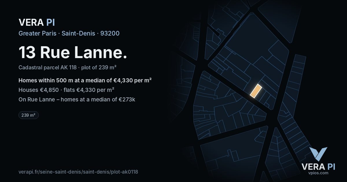 13 Rue Lanne, Saint-Denis at night – the plot lit, the parcels around coloured by the prices near them