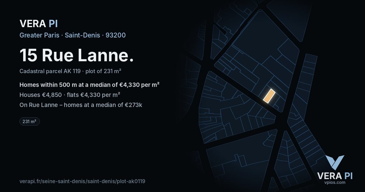15 Rue Lanne, Saint-Denis at night – the plot lit, the parcels around coloured by the prices near them