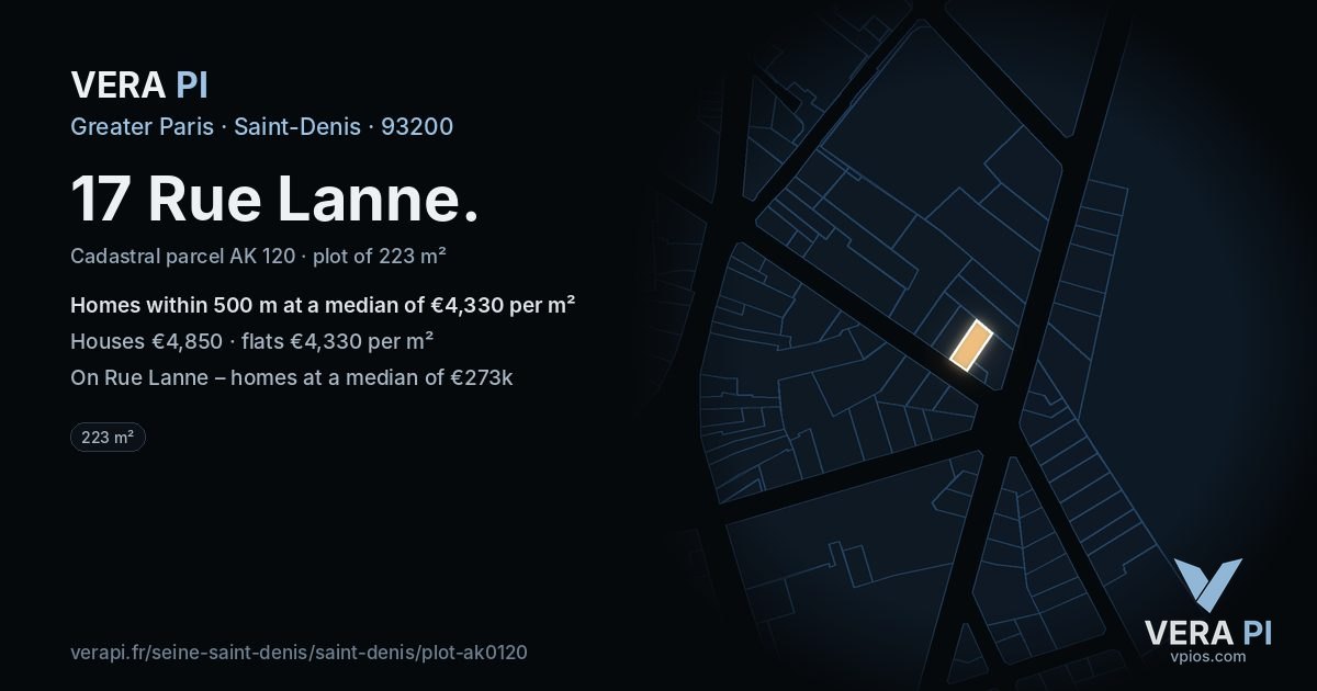 17 Rue Lanne, Saint-Denis at night – the plot lit, the parcels around coloured by the prices near them