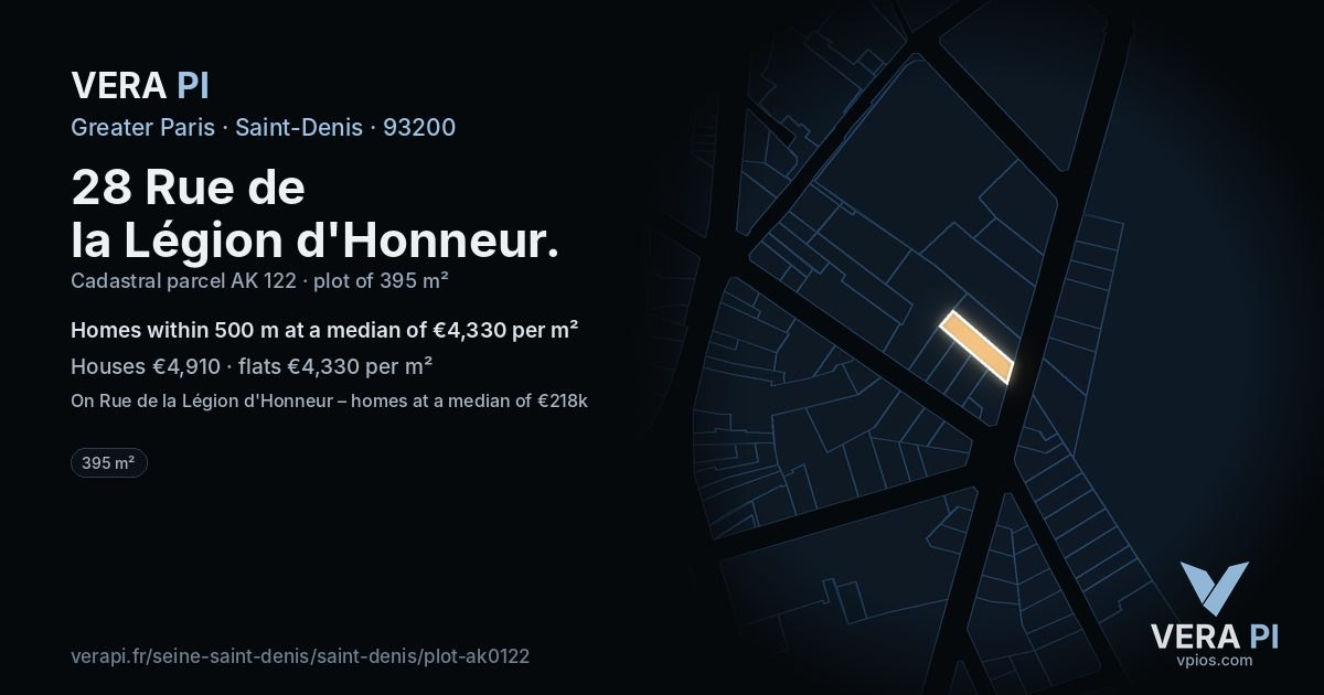 28 Rue de la Légion d'Honneur, Saint-Denis at night – the plot lit, the parcels around coloured by the prices near them