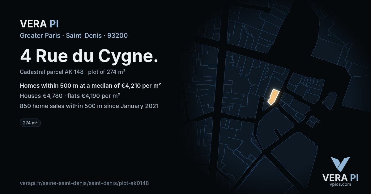 4 Rue du Cygne, Saint-Denis at night – the plot lit, the parcels around coloured by the prices near them