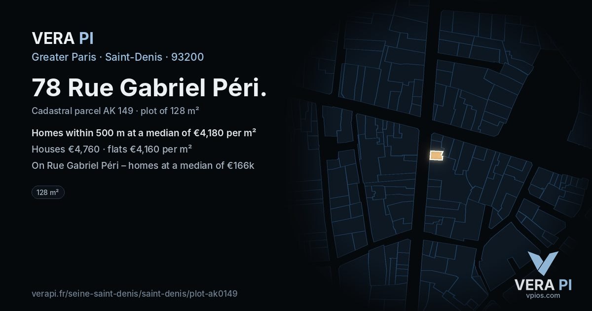 78 Rue Gabriel Péri, Saint-Denis at night – the plot lit, the parcels around coloured by the prices near them