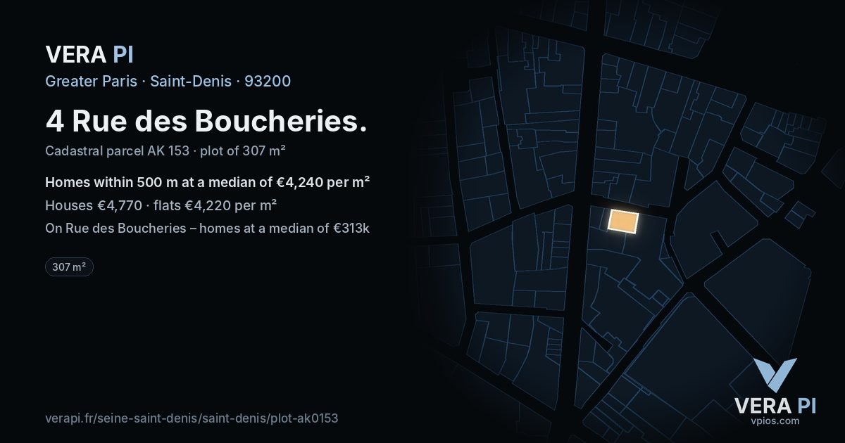 4 Rue des Boucheries, Saint-Denis at night – the plot lit, the parcels around coloured by the prices near them