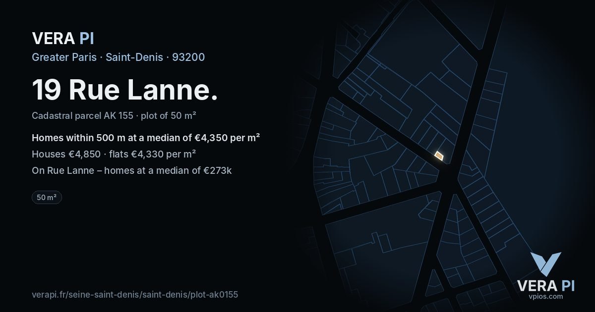 19 Rue Lanne, Saint-Denis at night – the plot lit, the parcels around coloured by the prices near them
