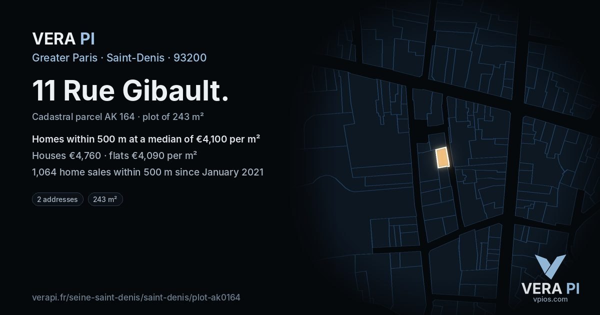 11 Rue Gibault, Saint-Denis at night – the plot lit, the parcels around coloured by the prices near them