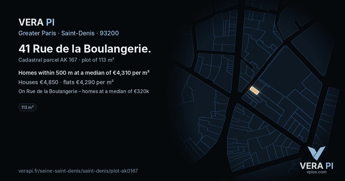 41 Rue de la Boulangerie, Saint-Denis at night – the plot lit, the parcels around coloured by the prices near them