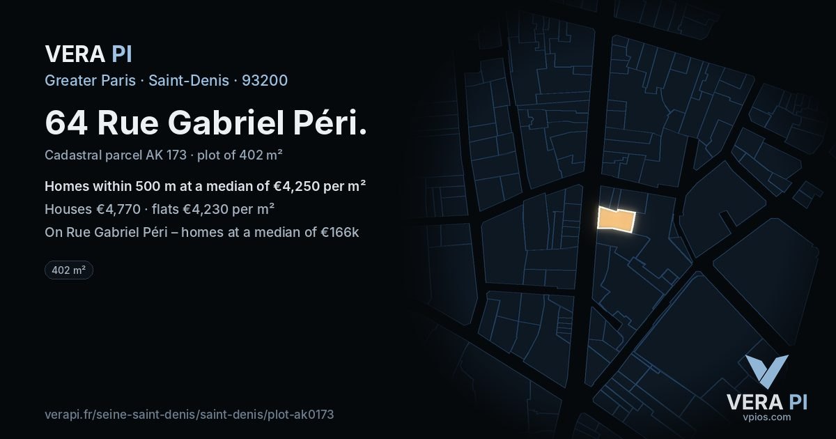 64 Rue Gabriel Péri, Saint-Denis at night – the plot lit, the parcels around coloured by the prices near them