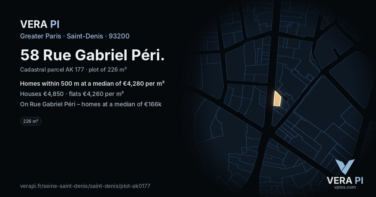 58 Rue Gabriel Péri, Saint-Denis at night – the plot lit, the parcels around coloured by the prices near them