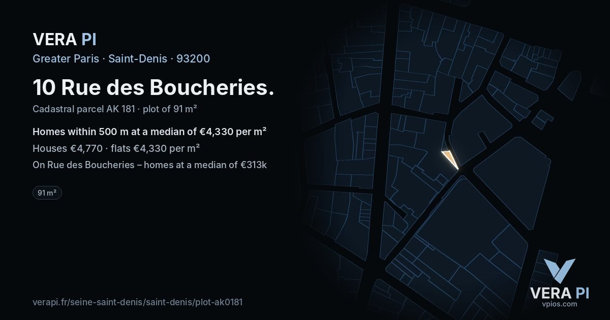 10 Rue des Boucheries, Saint-Denis at night – the plot lit, the parcels around coloured by the prices near them