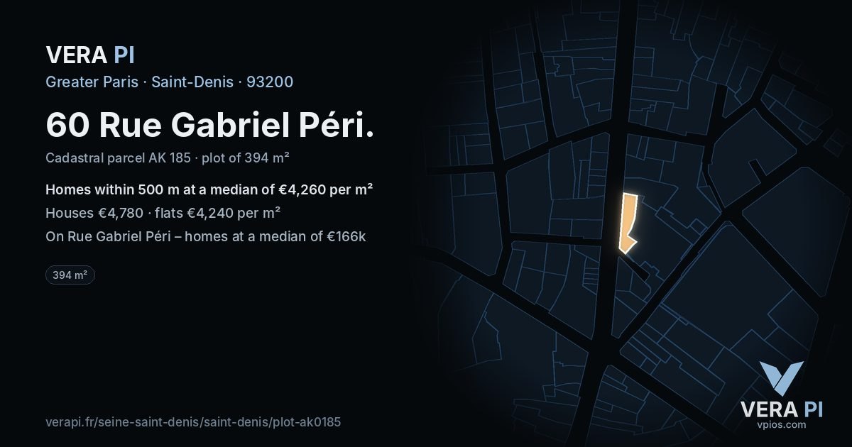 60 Rue Gabriel Péri, Saint-Denis at night – the plot lit, the parcels around coloured by the prices near them
