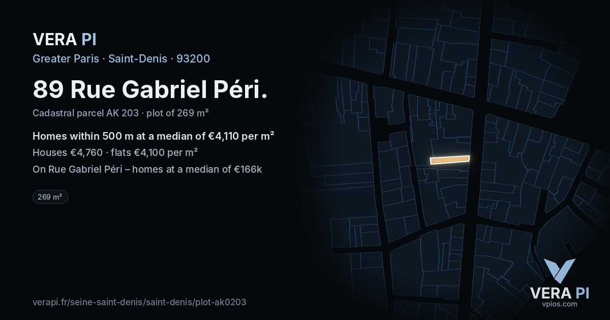 89 Rue Gabriel Péri, Saint-Denis at night – the plot lit, the parcels around coloured by the prices near them