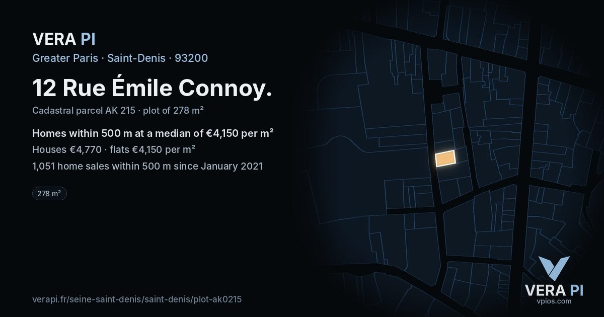 12 Rue Émile Connoy, Saint-Denis at night – the plot lit, the parcels around coloured by the prices near them