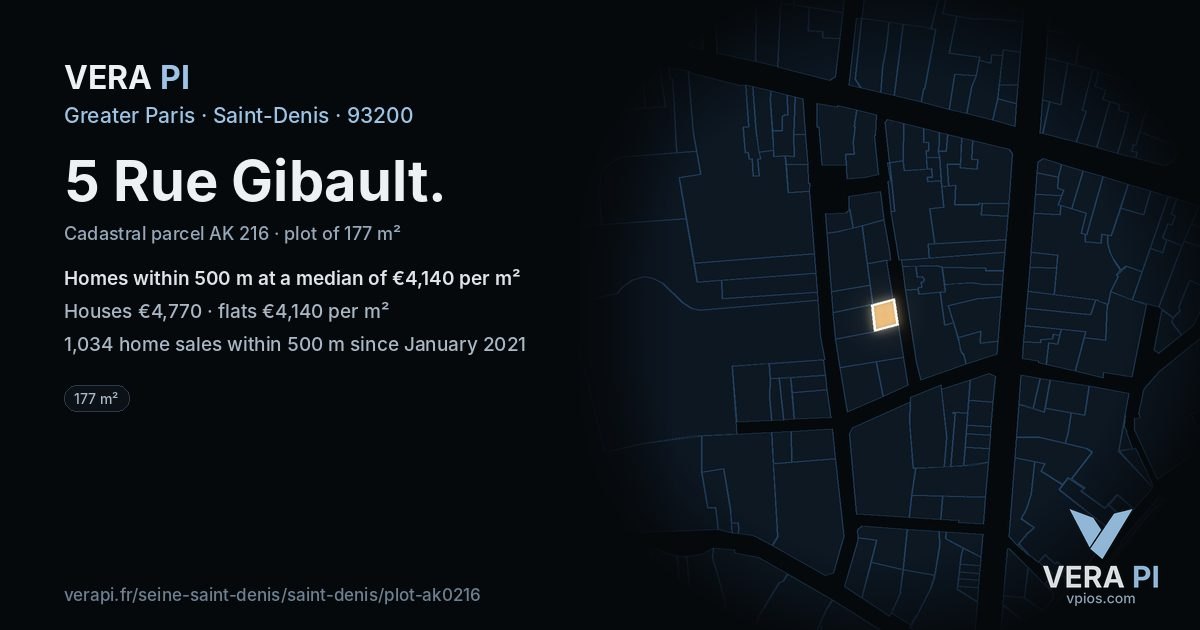 5 Rue Gibault, Saint-Denis at night – the plot lit, the parcels around coloured by the prices near them