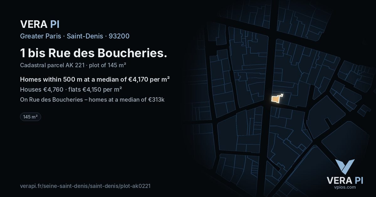 1 bis Rue des Boucheries, Saint-Denis at night – the plot lit, the parcels around coloured by the prices near them