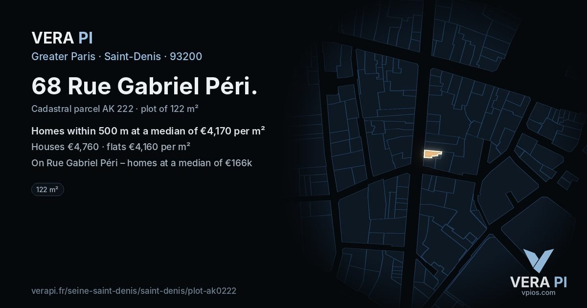 68 Rue Gabriel Péri, Saint-Denis at night – the plot lit, the parcels around coloured by the prices near them