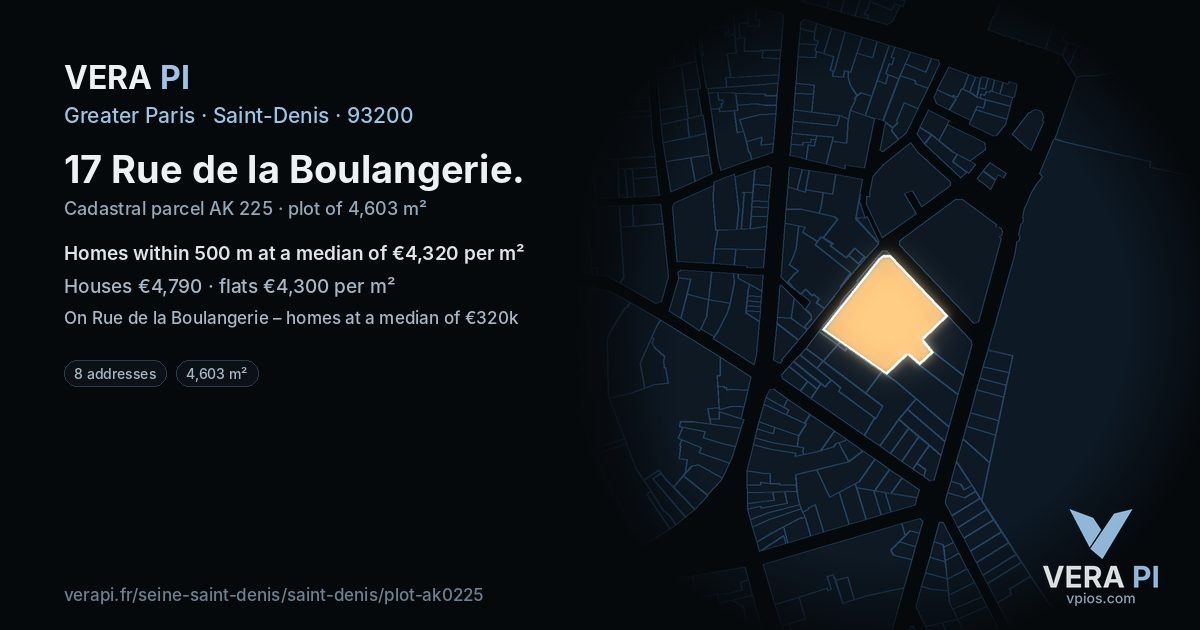 17 Rue de la Boulangerie, Saint-Denis at night – the plot lit, the parcels around coloured by the prices near them