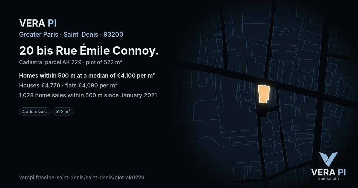 20 bis Rue Émile Connoy, Saint-Denis at night – the plot lit, the parcels around coloured by the prices near them