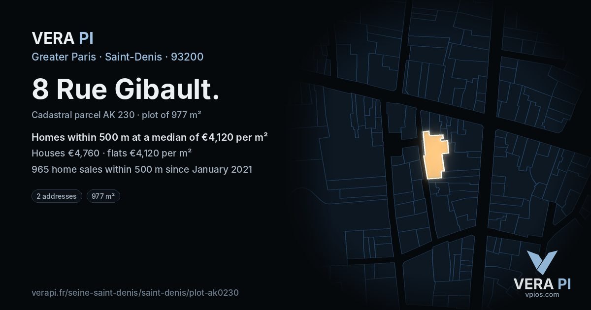 8 Rue Gibault, Saint-Denis at night – the plot lit, the parcels around coloured by the prices near them
