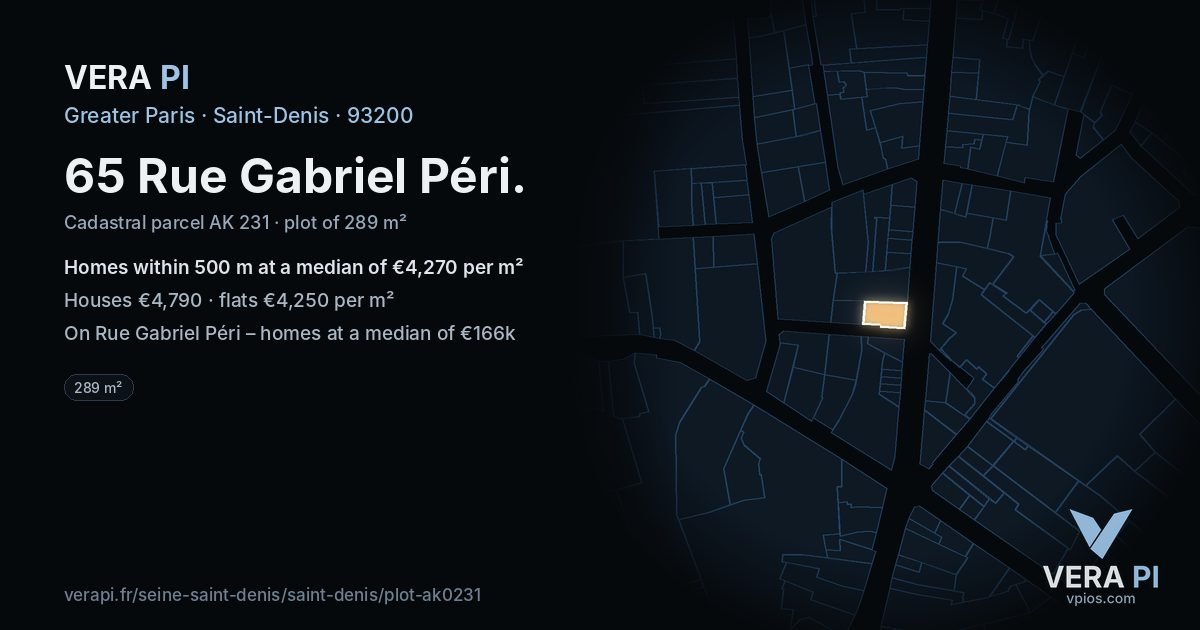 65 Rue Gabriel Péri, Saint-Denis at night – the plot lit, the parcels around coloured by the prices near them
