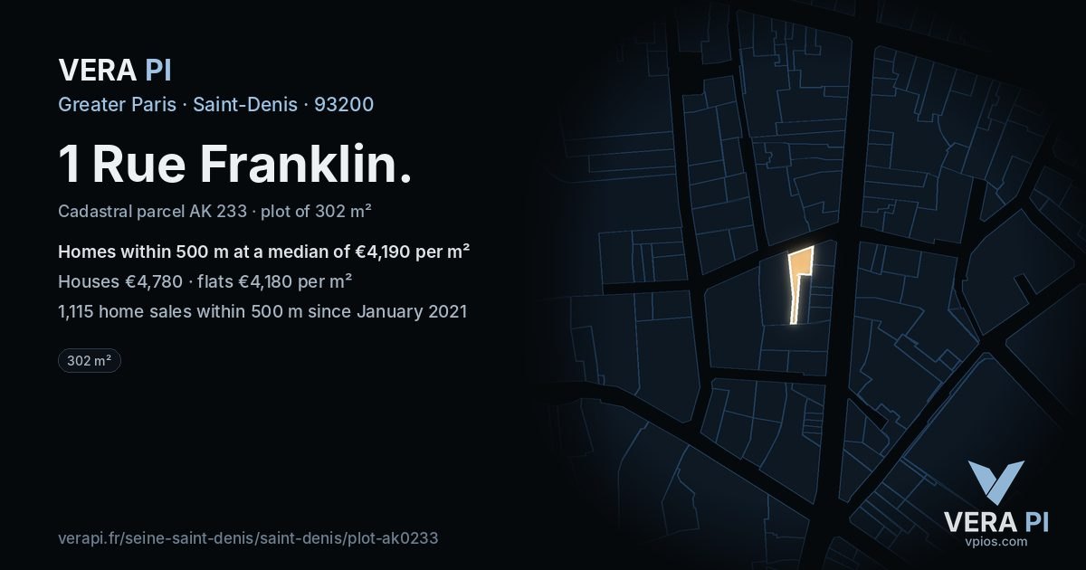1 Rue Franklin, Saint-Denis at night – the plot lit, the parcels around coloured by the prices near them