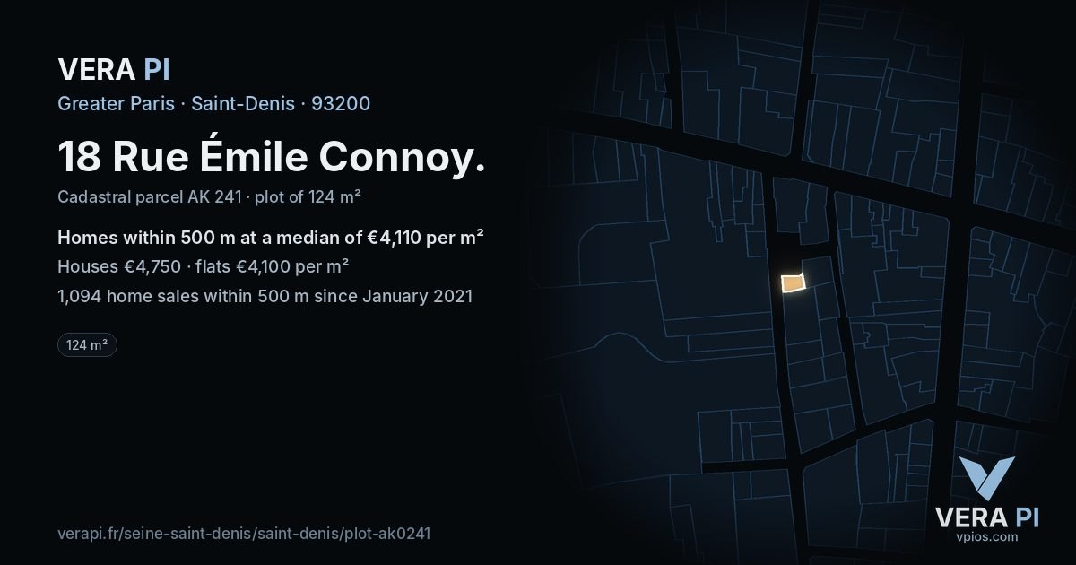 18 Rue Émile Connoy, Saint-Denis at night – the plot lit, the parcels around coloured by the prices near them